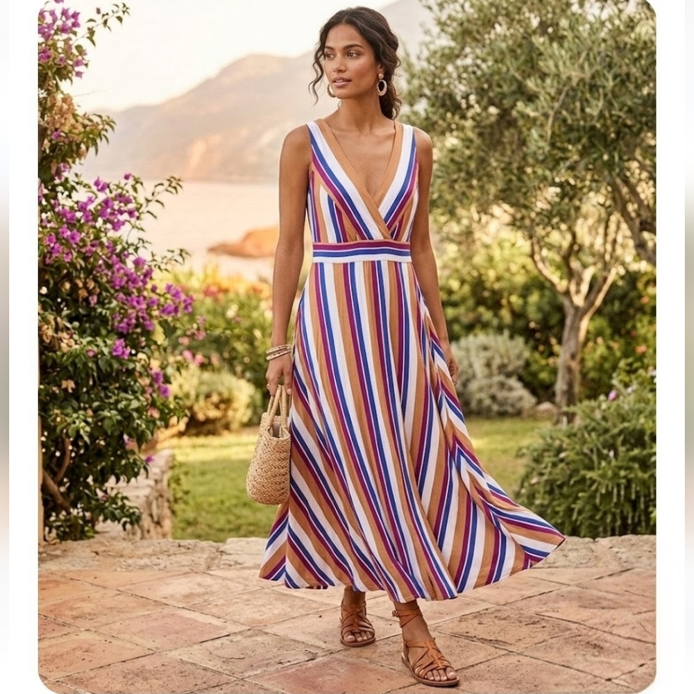 Lulus Multicolor Striped V-Neck Midi Dress